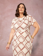 Vestido Midi Estampado Gola Boba Bege