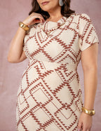 Vestido Midi Estampado Gola Boba Bege