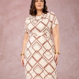 Vestido Midi Estampado Gola Boba Bege