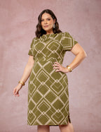 Vestido Midi Estampado Gola Boba Musgo