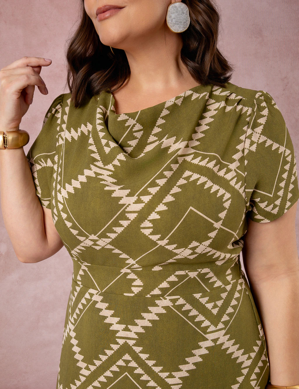 Vestido Midi Estampado Gola Boba Musgo