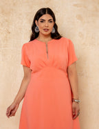 Vestido Midi Com Zíper Metal Salmão