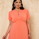 Vestido Midi Com Zíper Metal Salmão