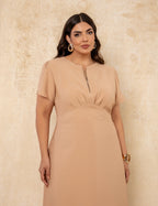 Vestido Midi Com Zíper Metal Bege