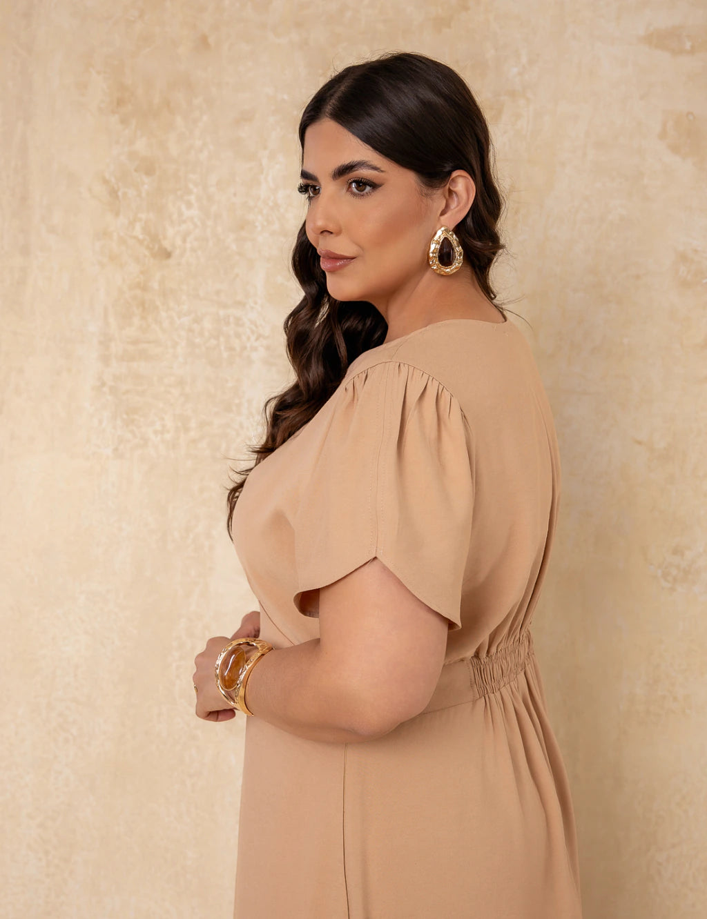 Vestido Midi Com Zíper Metal Bege