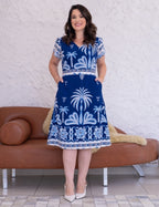Vestido Midi Estampado Barrado Azul