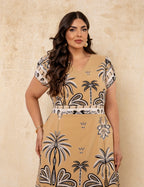 Vestido Midi Estampado Barrado Bege