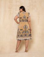 Vestido Midi Estampado Barrado Bege