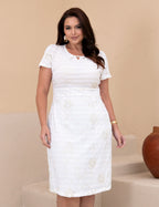 Vestido Midi Plissado Com Bordado Branco