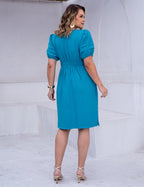 Vestido Midi Decote Ondas Na Pala Azul