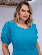 Vestido Midi Decote Ondas Na Pala Azul