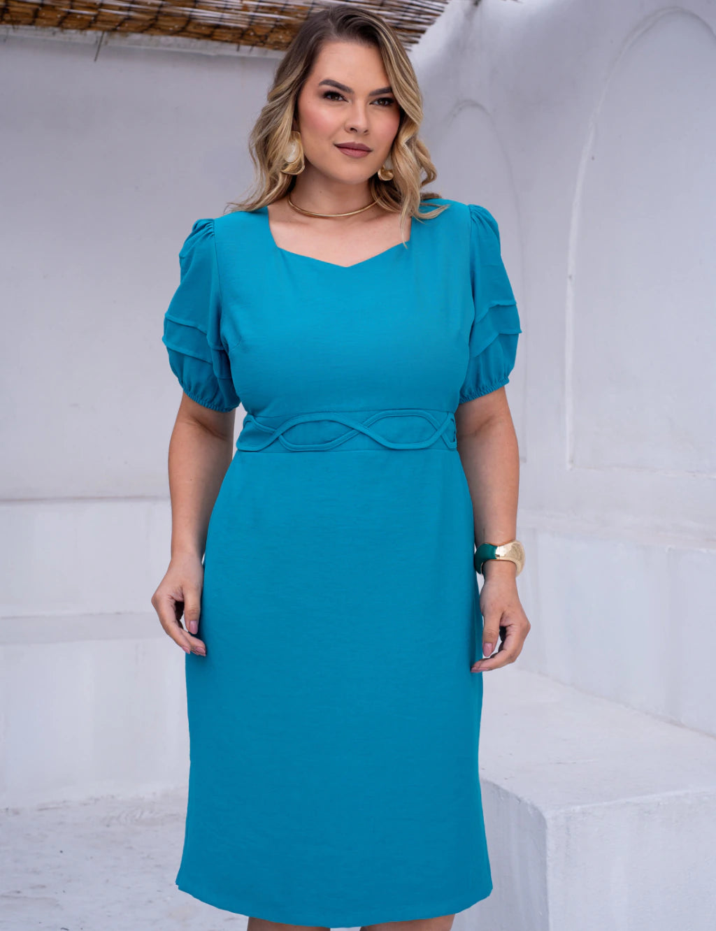 Vestido Midi Decote Ondas Na Pala Azul