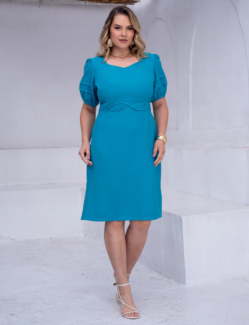 Vestido Midi Decote Ondas Na Pala Azul