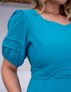 Vestido Midi Decote Ondas Na Pala Azul
