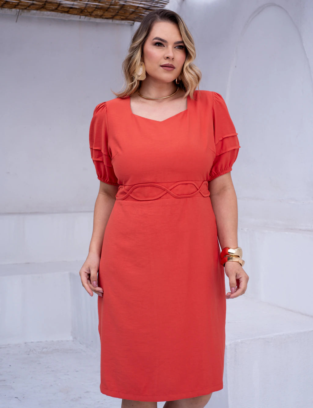 Vestido Midi Decote Ondas Na Pala Telha