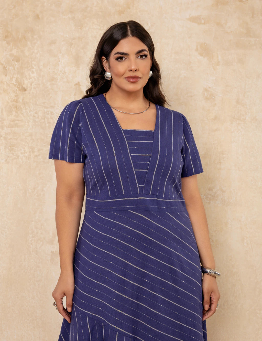 Vestido Midi Decote Com Lurex Marinho