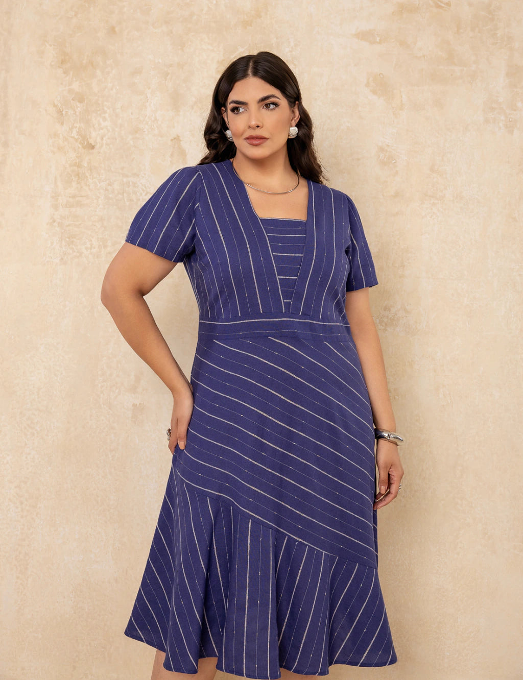 Vestido Midi Decote Com Lurex Marinho