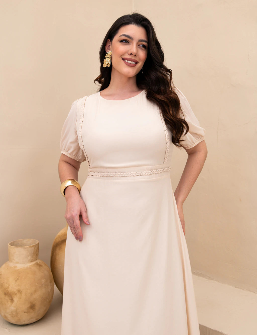 Vestido Longo Frente Com Tranças Bege