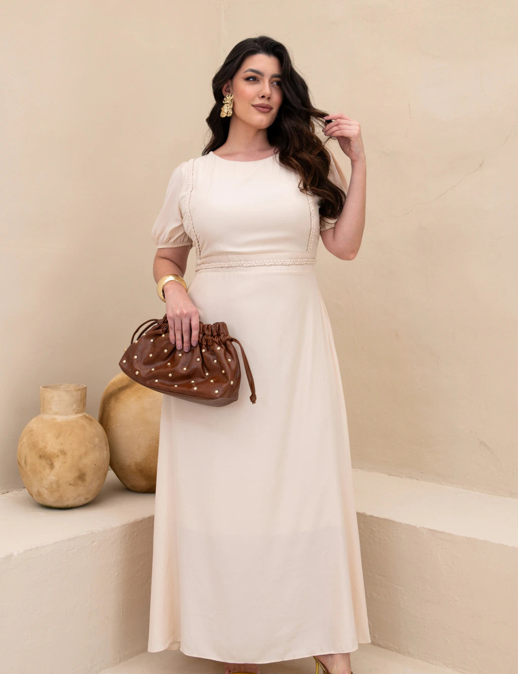 Vestido Longo Frente Com Tranças Bege
