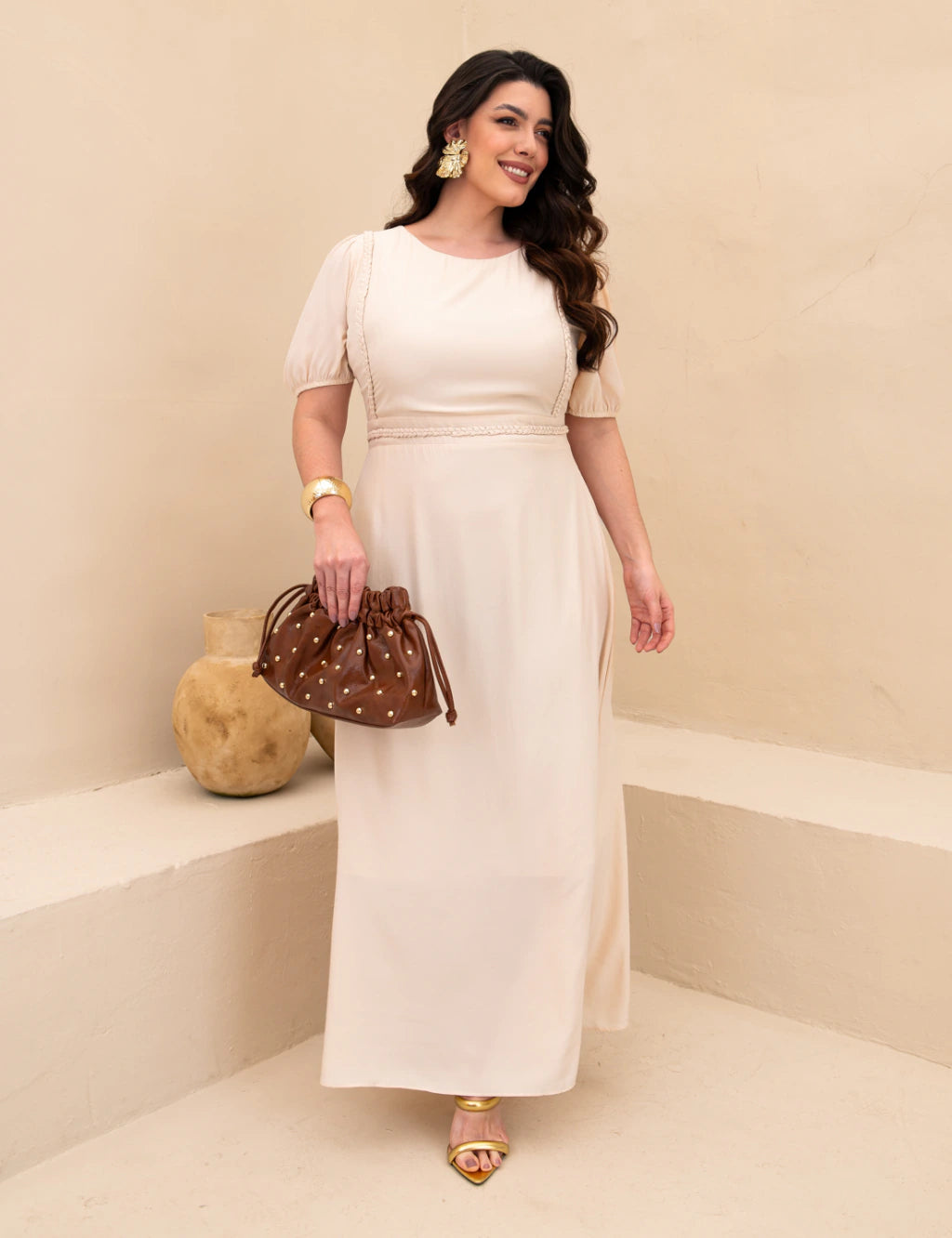 Vestido Longo Frente Com Tranças Bege
