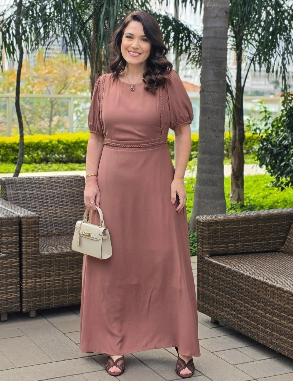 Vestido Longo Frente Com Tranças Marrom