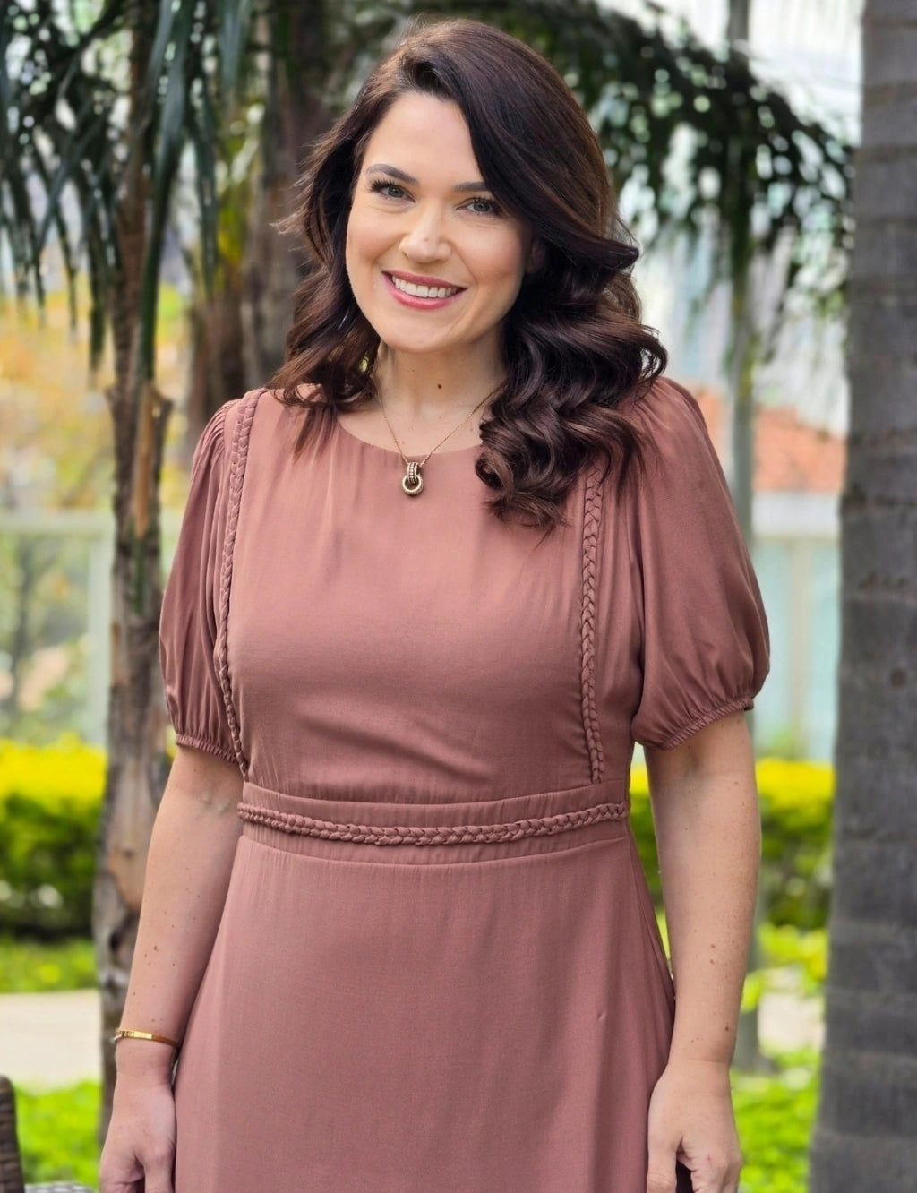 Vestido Longo Frente Com Tranças Marrom