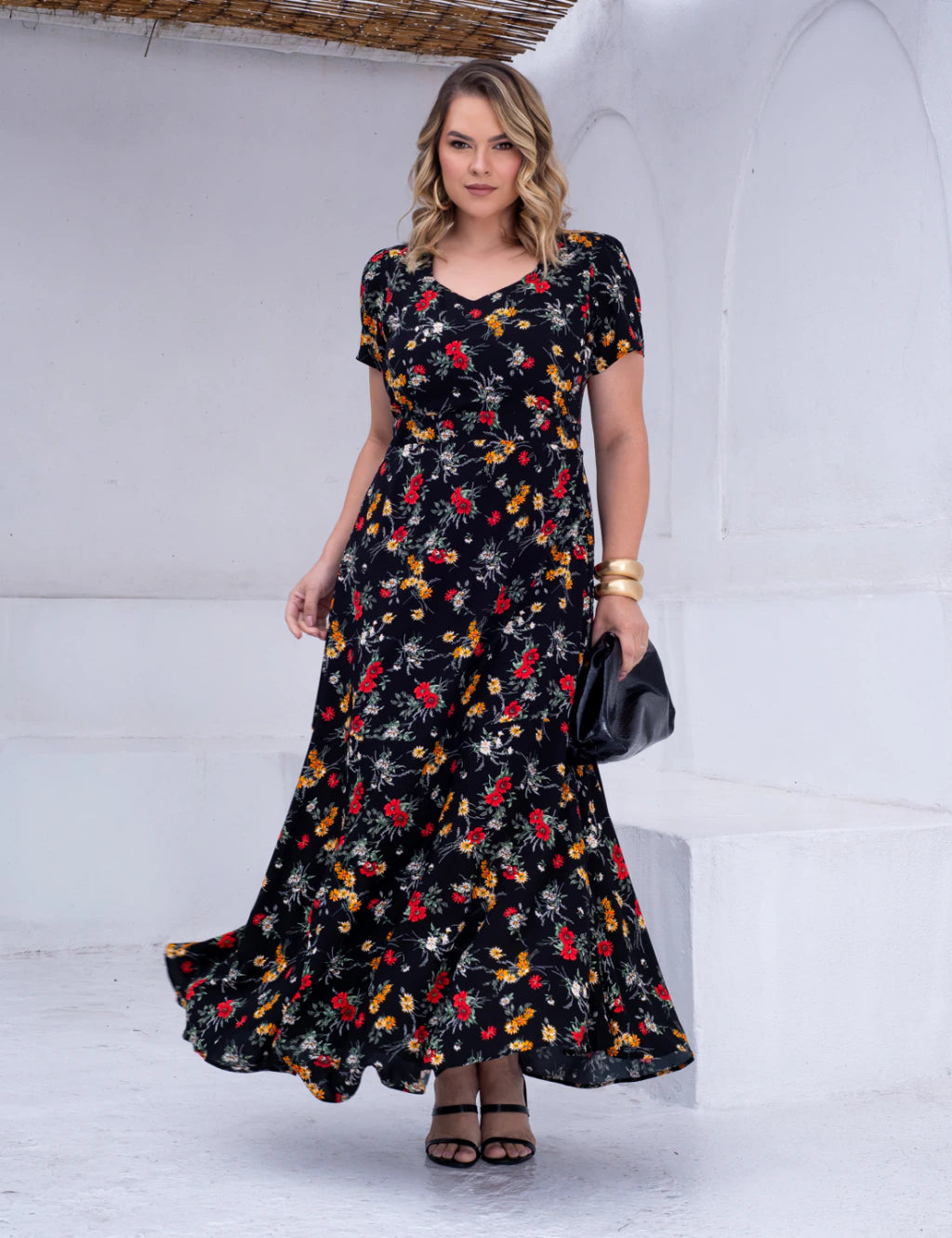 Vestido longo Estampado Floral Preto