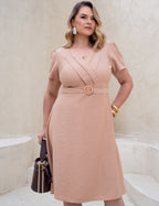 Vestido Midi Cintura Com Fivela Bege