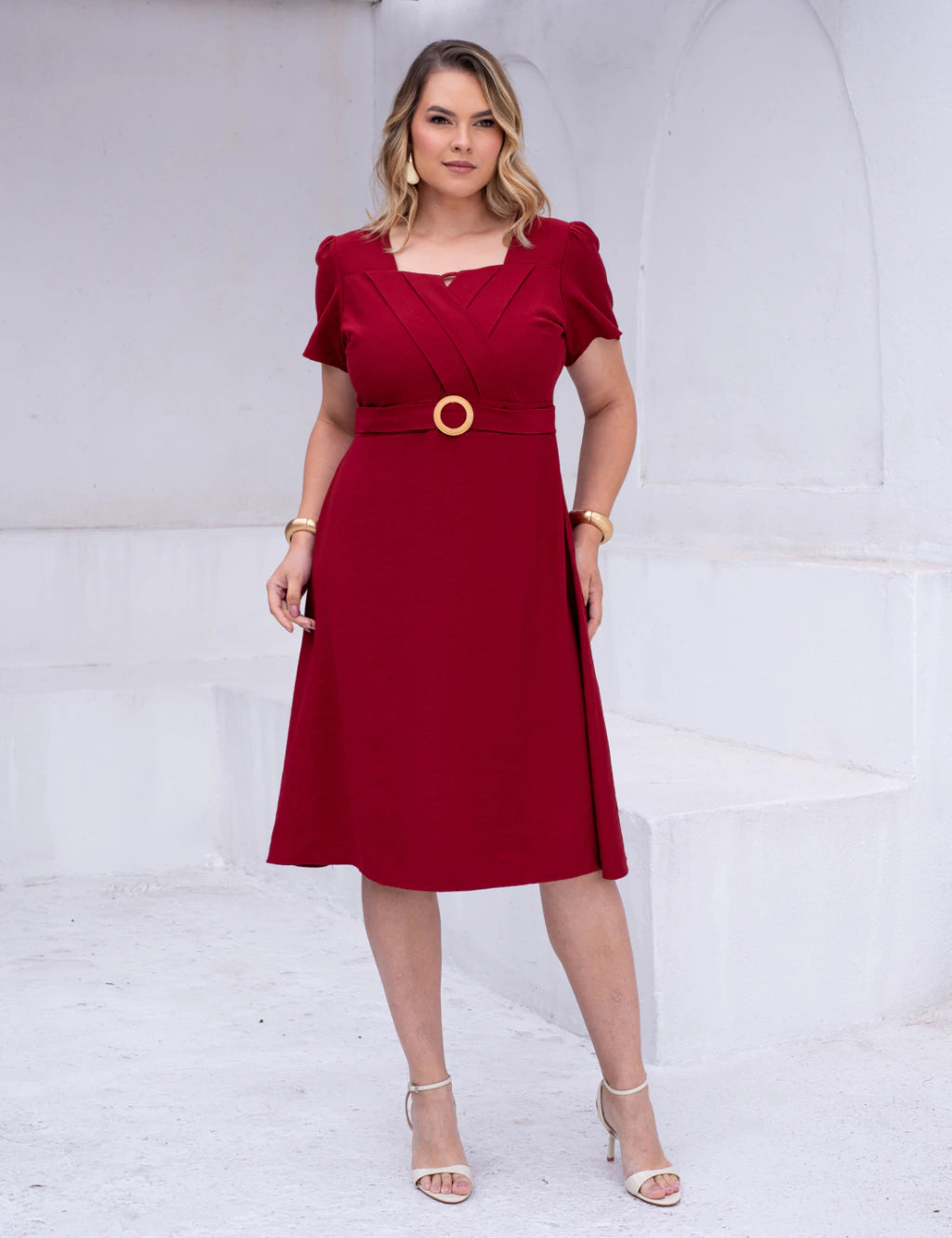 Vestido Midi Cintura Com Fivela Vinho