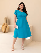 Vestido Midi Pregas E Recortes Azul