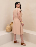 Vestido Midi Pregas E Recortes Bege