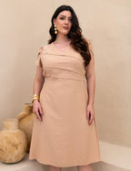 Vestido Midi Pregas E Recortes Bege