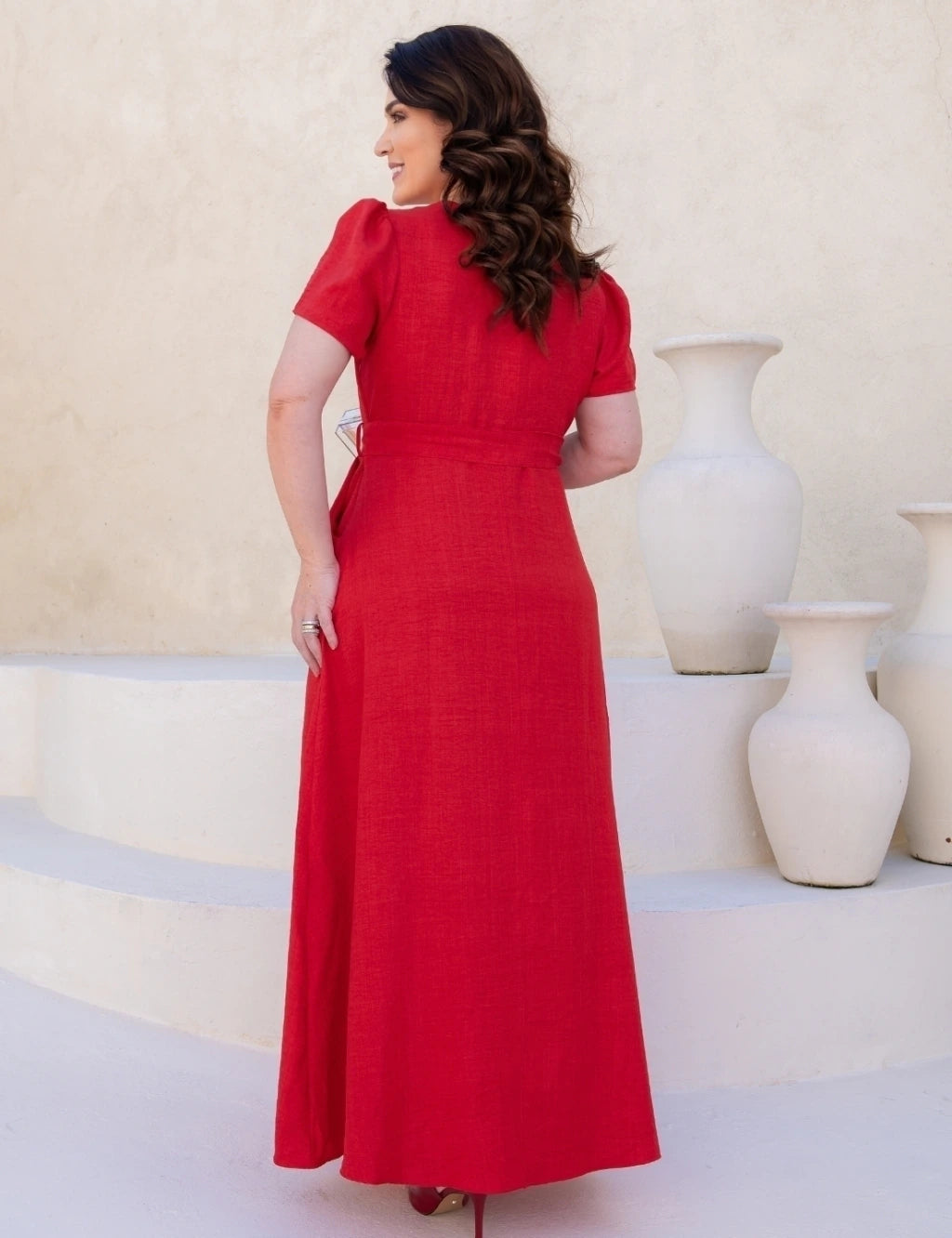 Vestido longo Com Cinto Vermelho