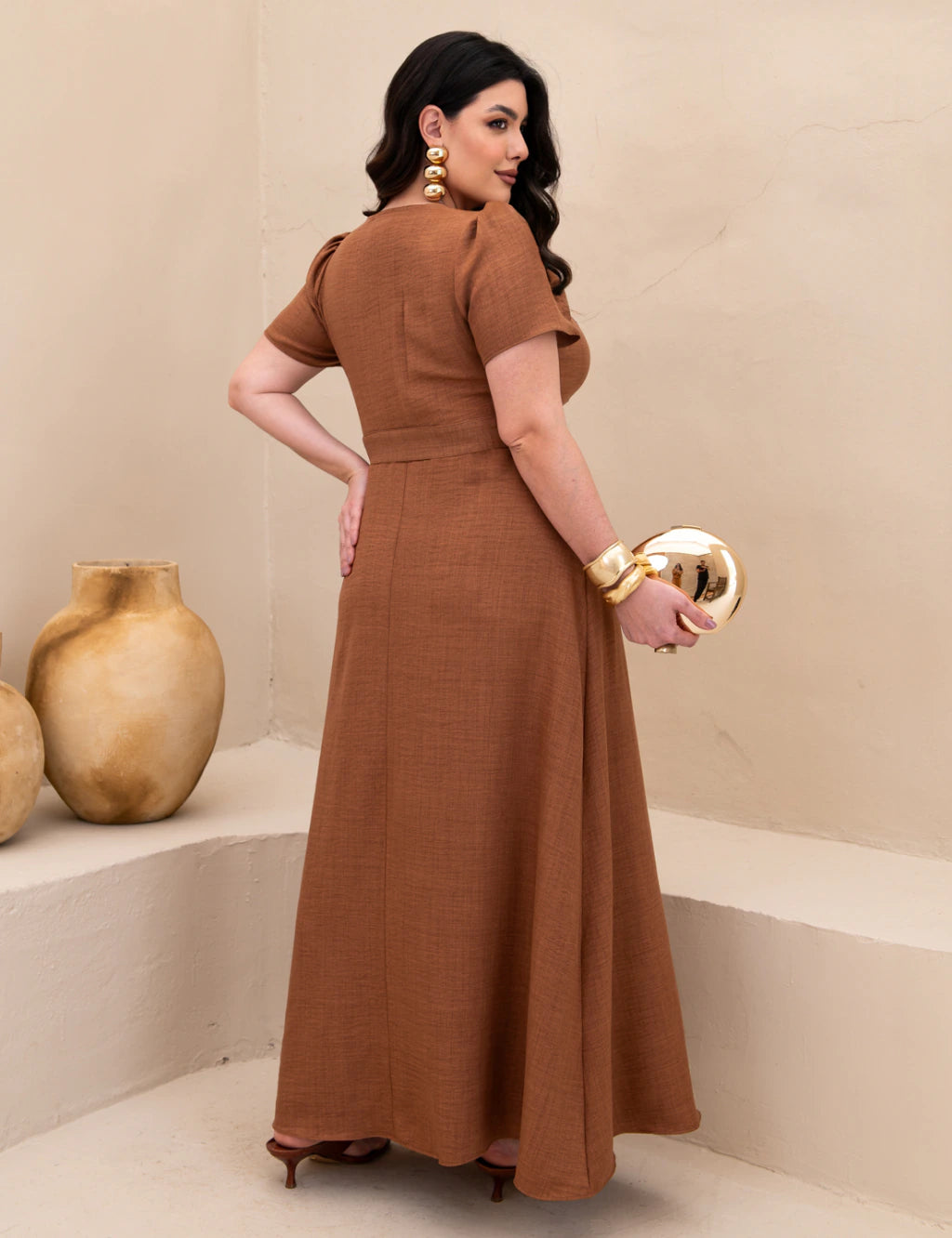 Vestido longo Com Cinto Marrom