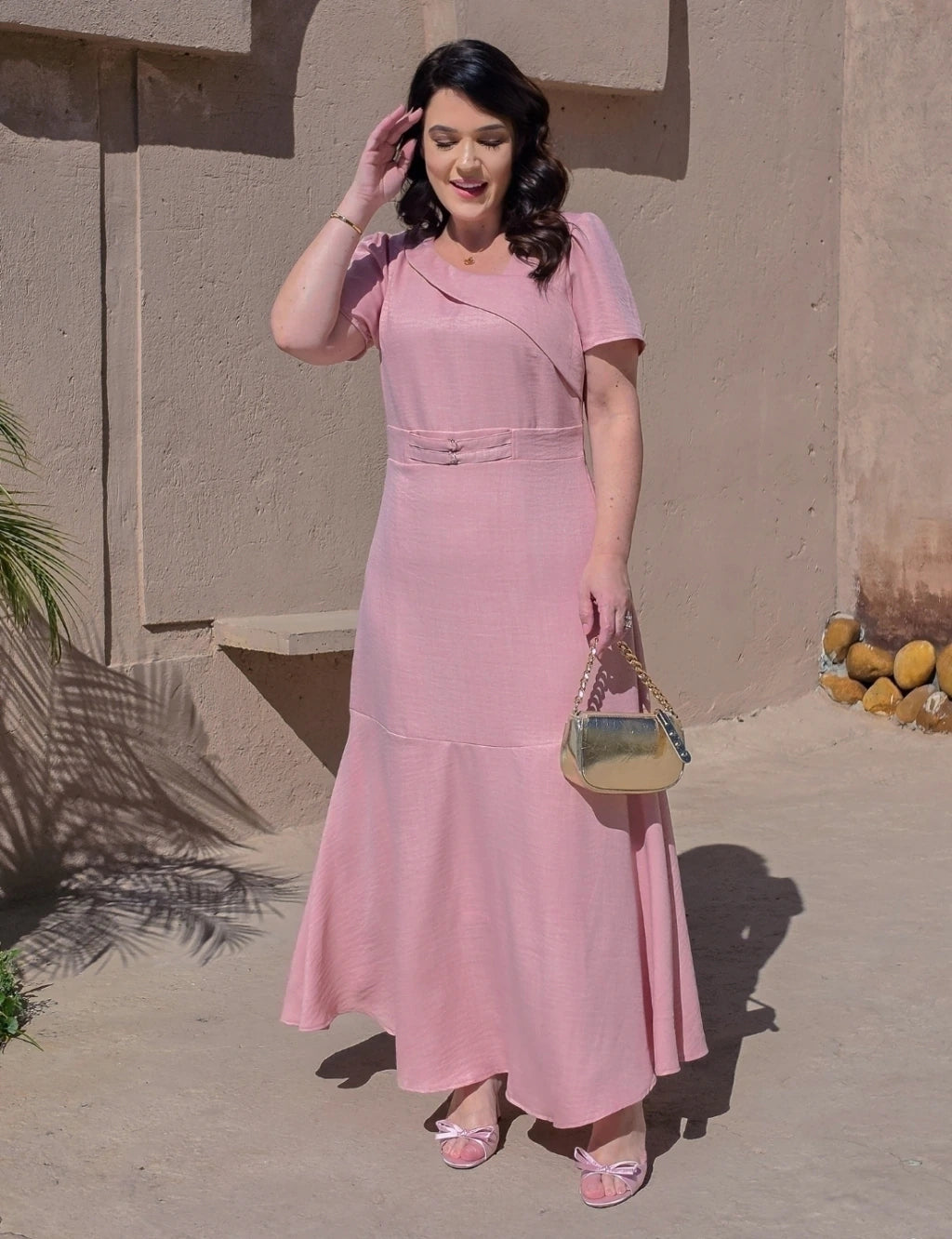 Vestido longo Decote Com Detalhe Rosé