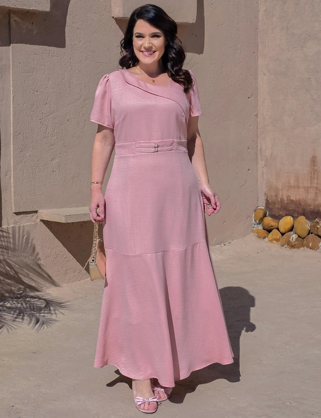 Vestido longo Decote Com Detalhe Rosé