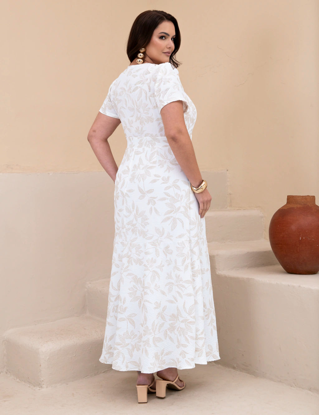 Vestido longo Com Textura Floral Branco