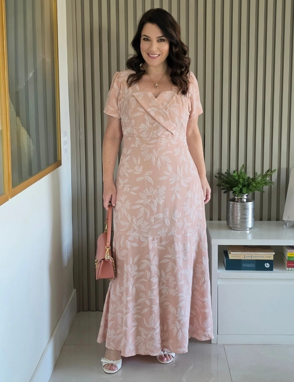 Vestido longo Com Textura Floral Rosé