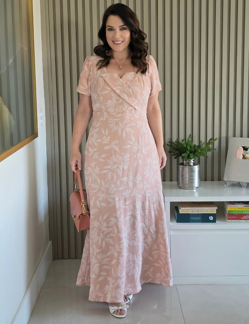 Vestido longo Com Textura Floral Rosé