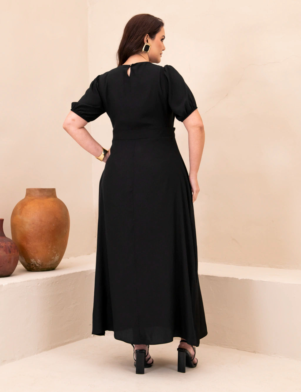 Vestido Longo Frente Detalhe Transpassado Preto