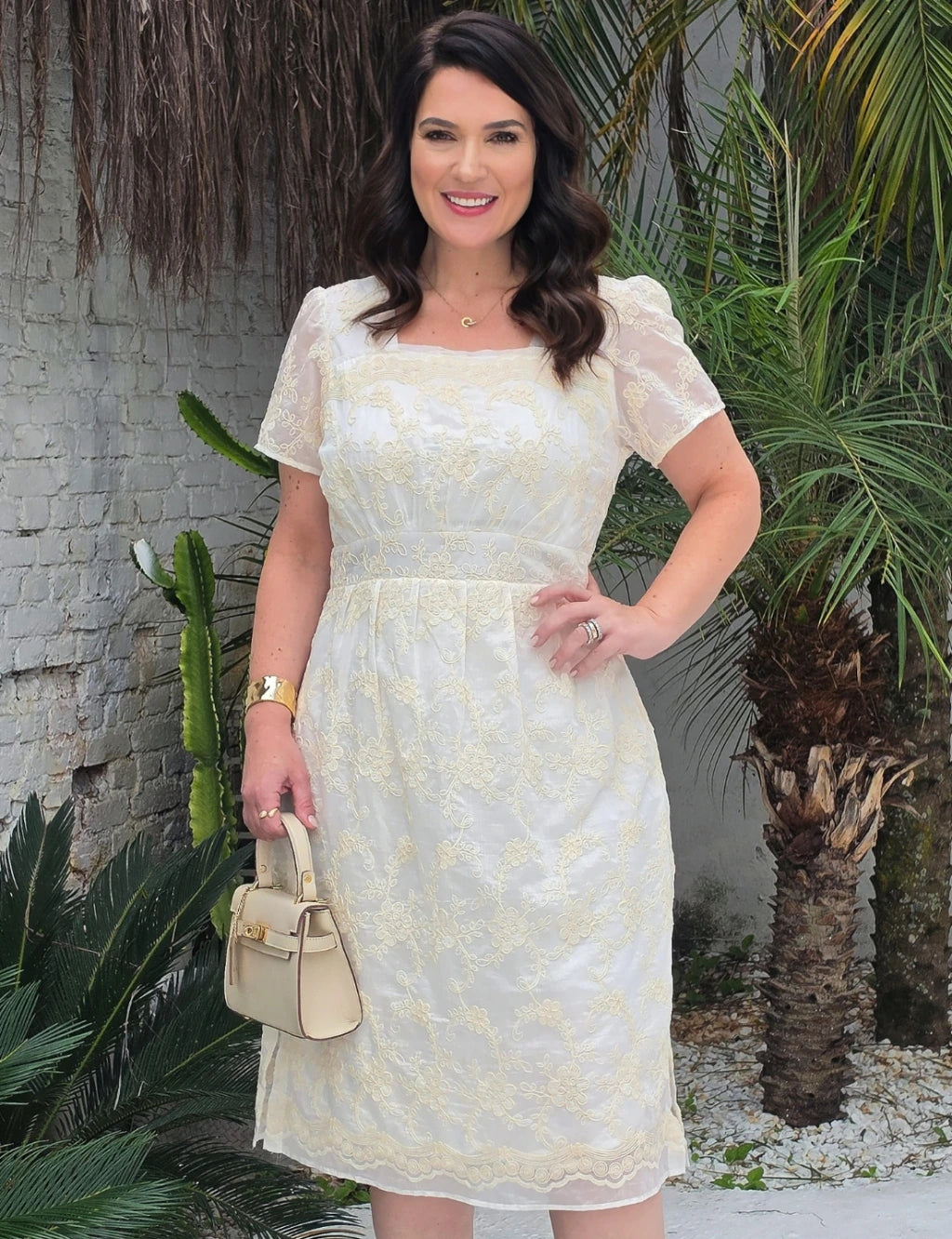 Vestido Midi Bordado Barrado Off-White