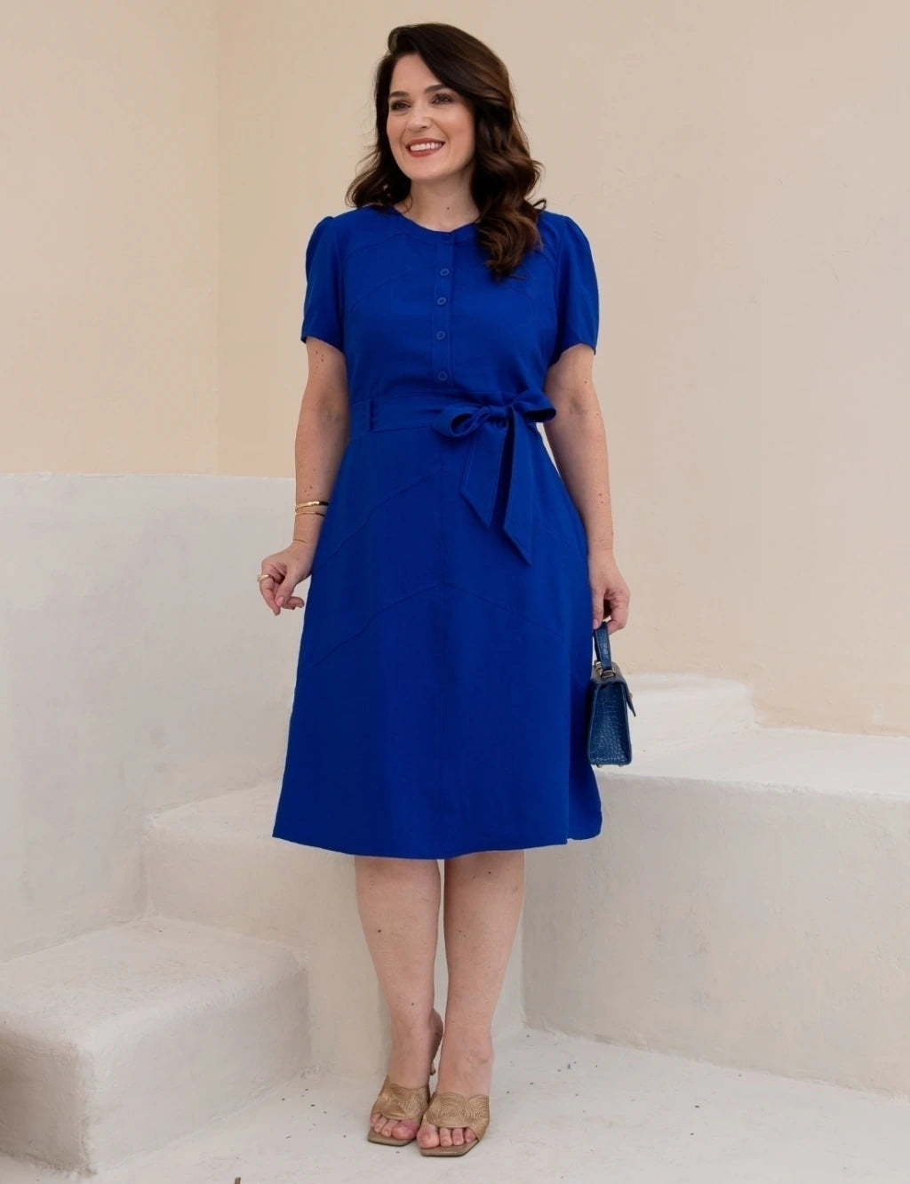 Vestido Midi Frente Com Botões Azul Royal