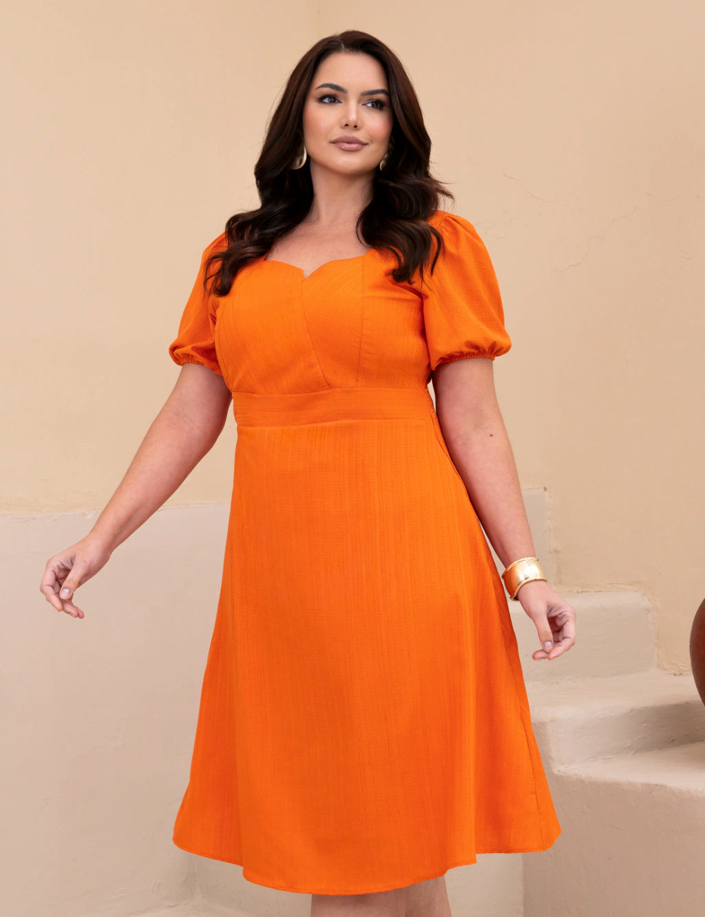 Vestido Midi Decote Princesa Laranja