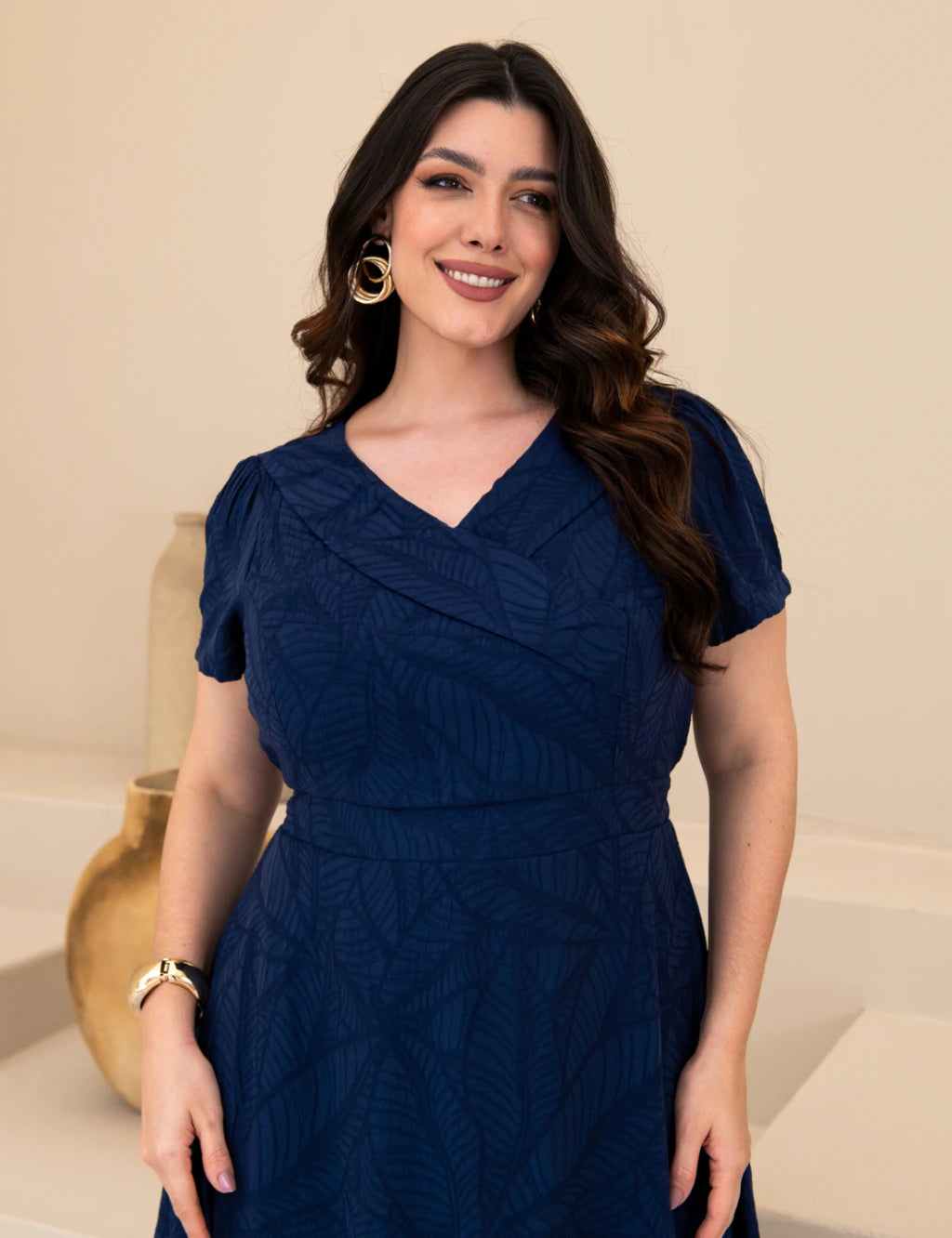 Vestido Midi Com Textura Marinho