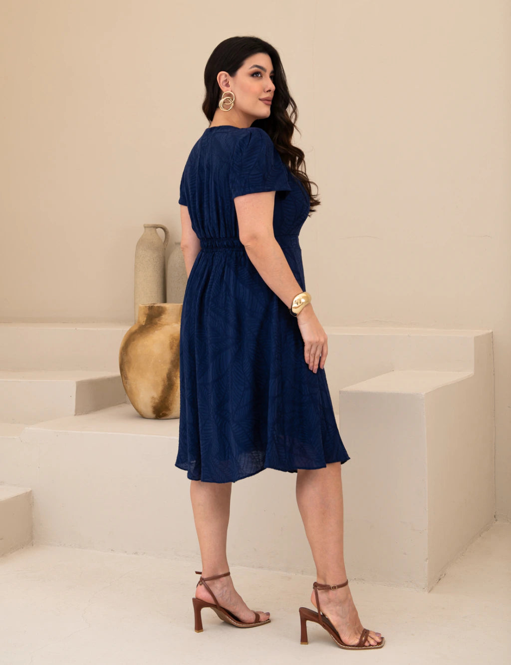 Vestido Midi Com Textura Marinho