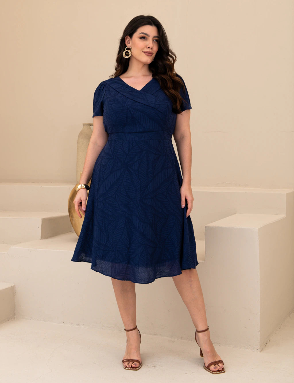 Vestido Midi Com Textura Marinho