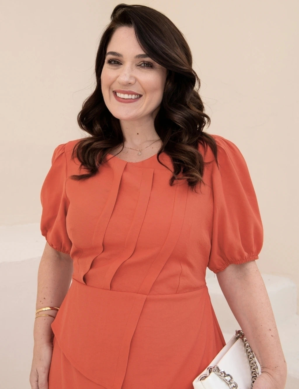 Vestido Midi Com Pregas Telha