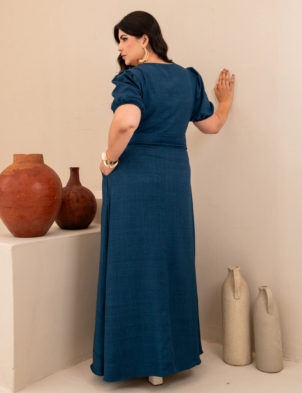 Vestido Longo Decote Quadrado Com Botões Marinho