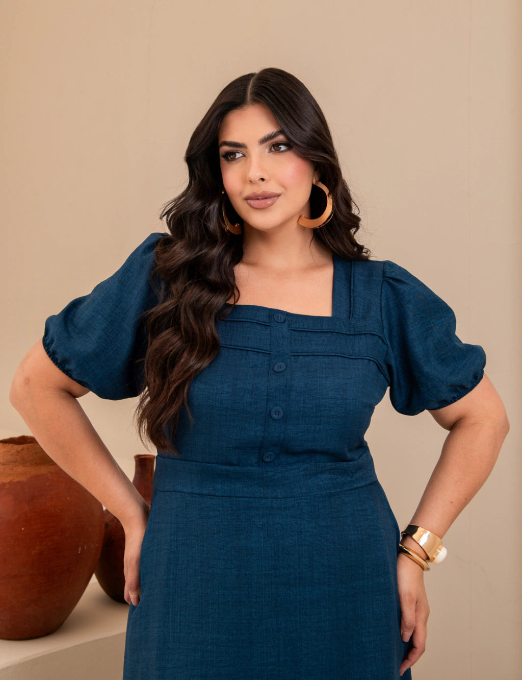 Vestido Longo Decote Quadrado Com Botões Marinho