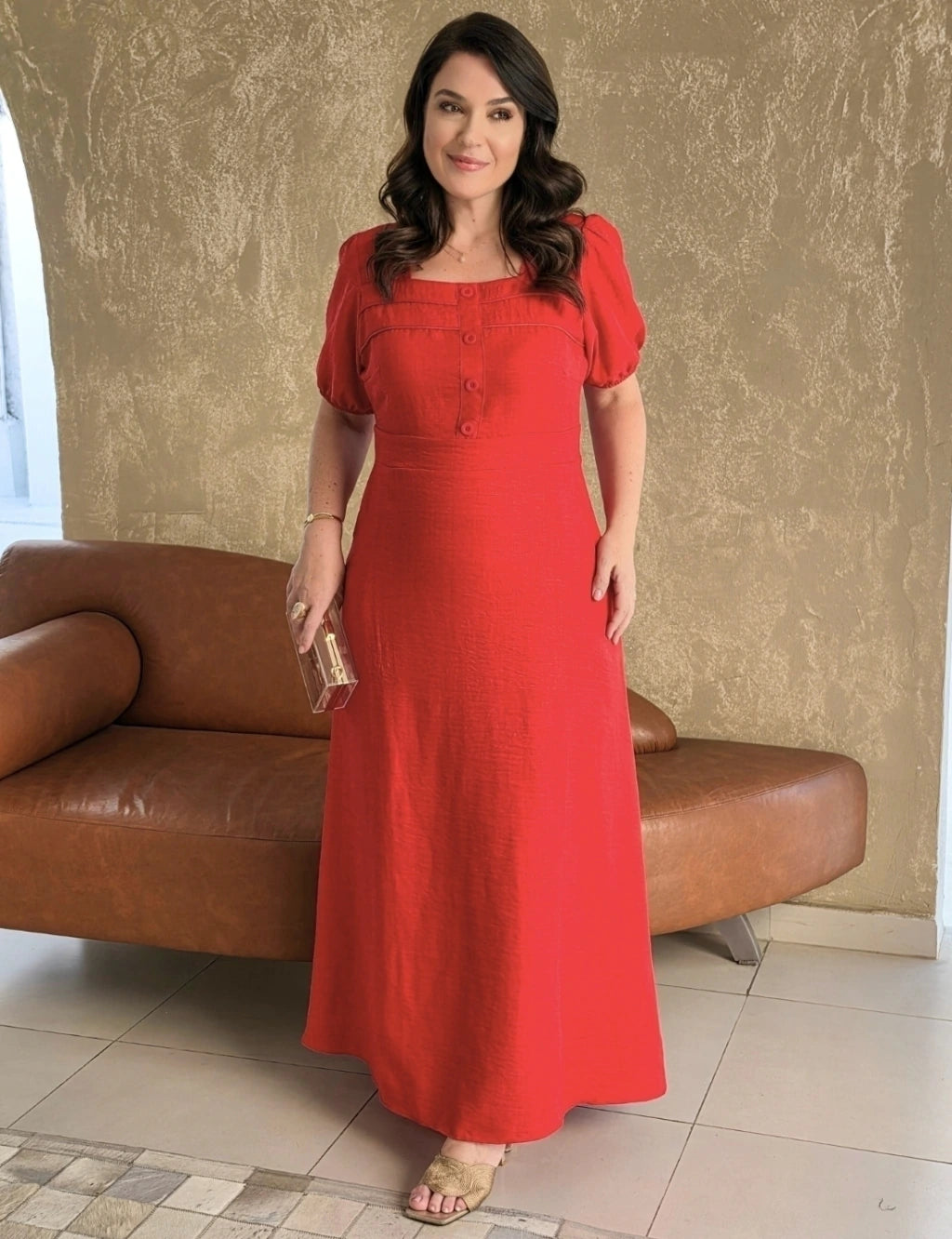 Vestido Longo Decote Quadrado Com Botões Vermelho